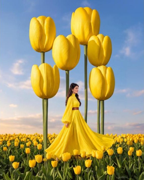 Campo de tulipas amarelas sob céu azul, imagem da campanha Savya Bloom
